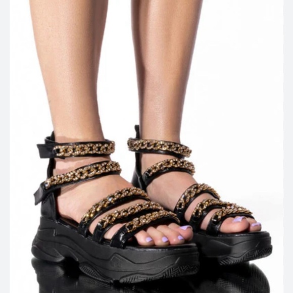 Black and Gold Strappy Women's Sandals - Picture 1 of 1